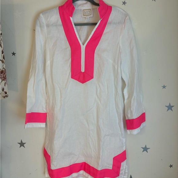 Sail to Sable Pink and White Linen Tunic Dress Long Sleeve - Picture 2 of 6